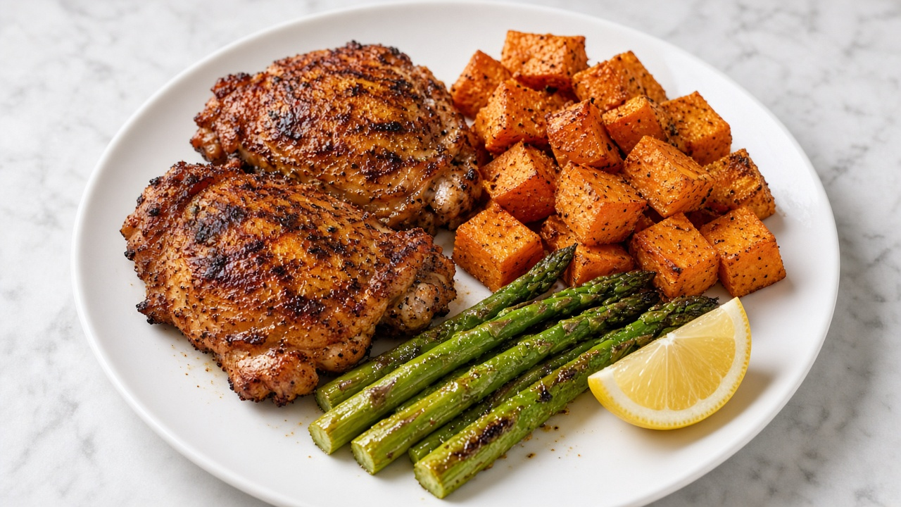 American Grill Plate: Thighs, Asparagus & Sweet Potato
