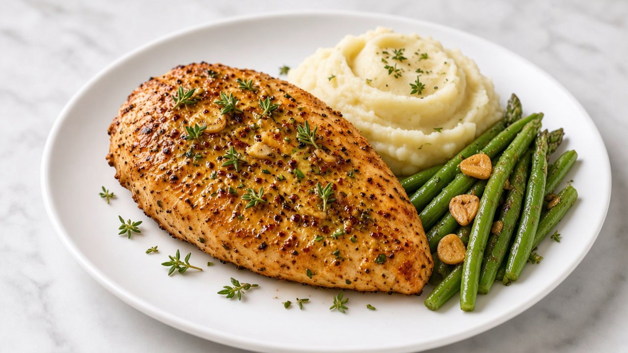 French Dijon-Herb Chicken Breast, Green Beans & Mashed Potatoes