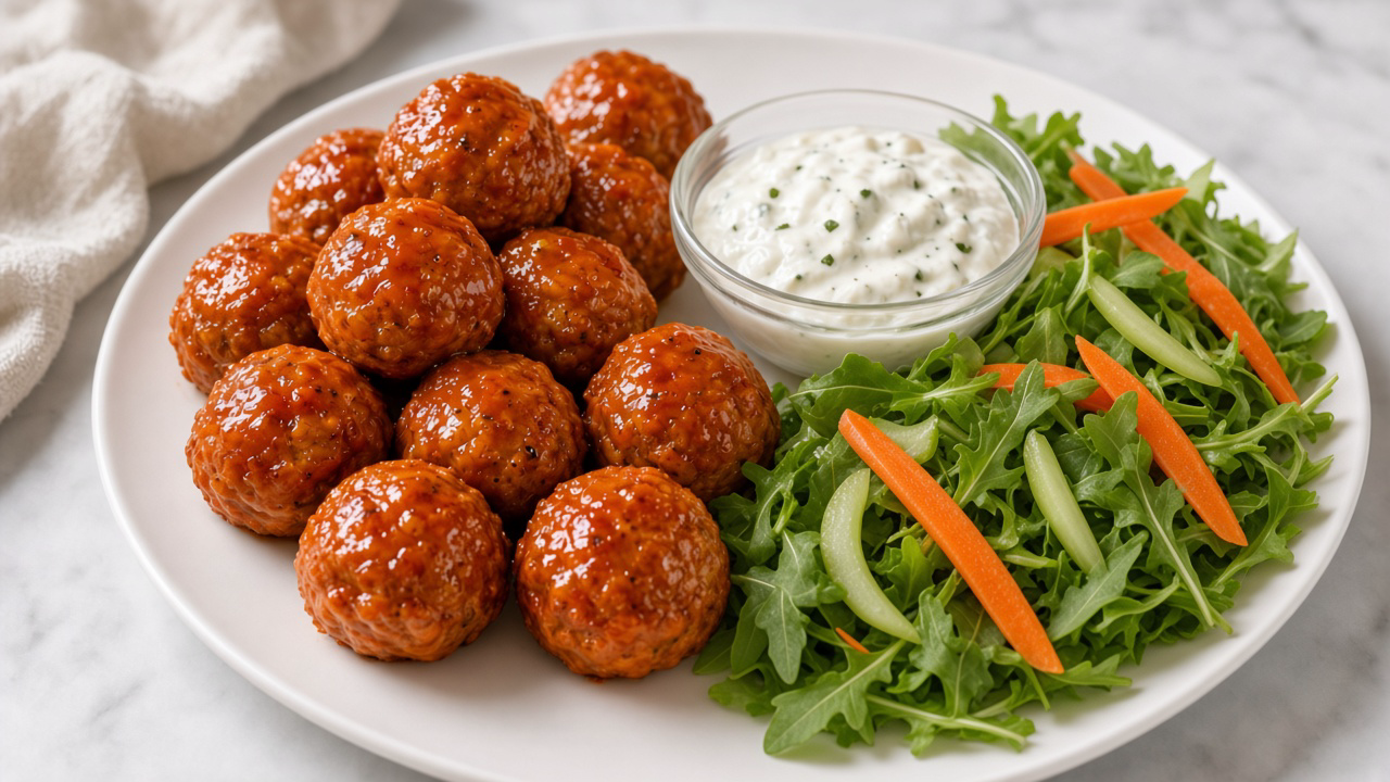 Buffalo Turkey Meatballs with Arugula and Celery Salad w/Yogurt Ranch